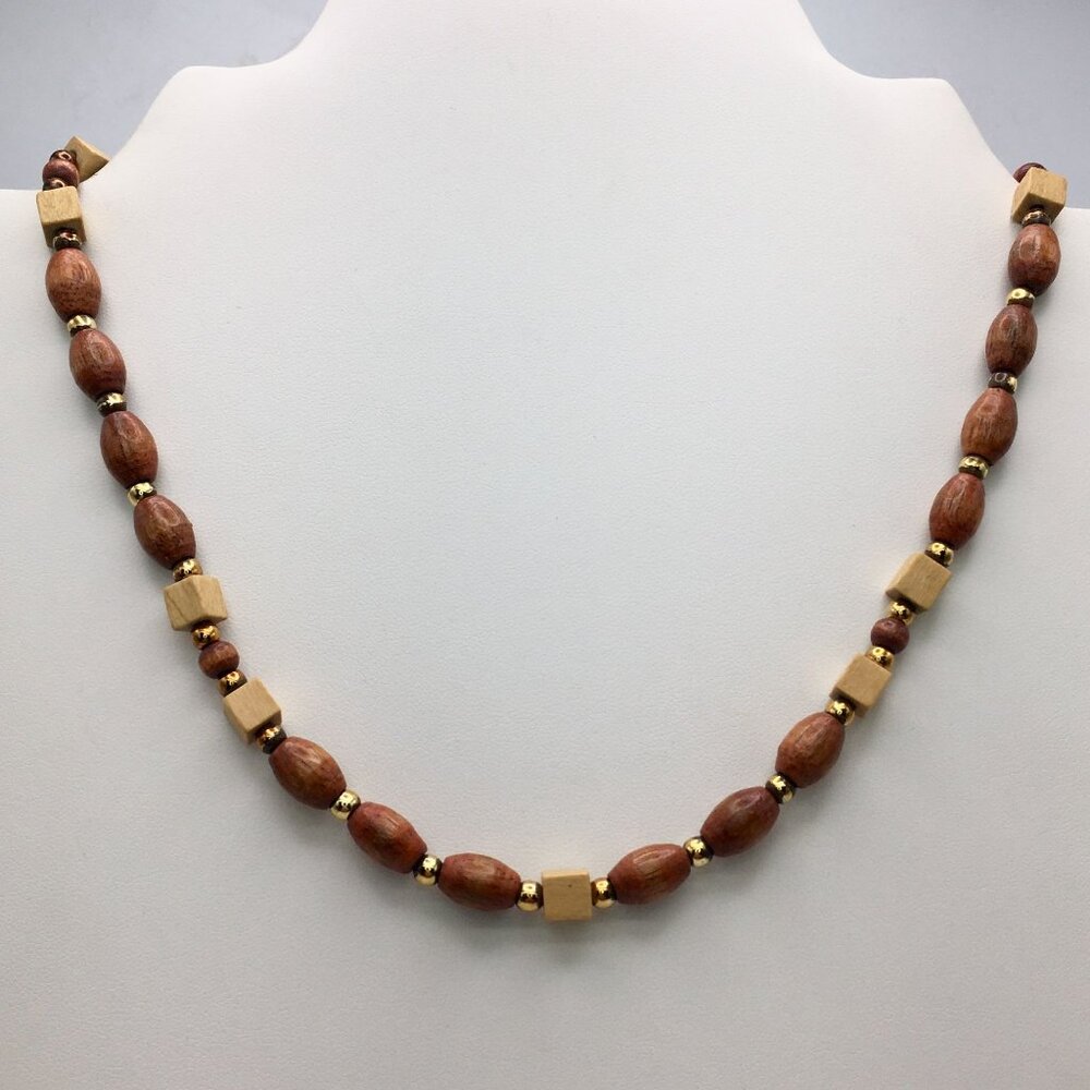 Vintage Oval Cube Wooden Bead Necklace With Gold-Tone Spacer Beads Spring Ring